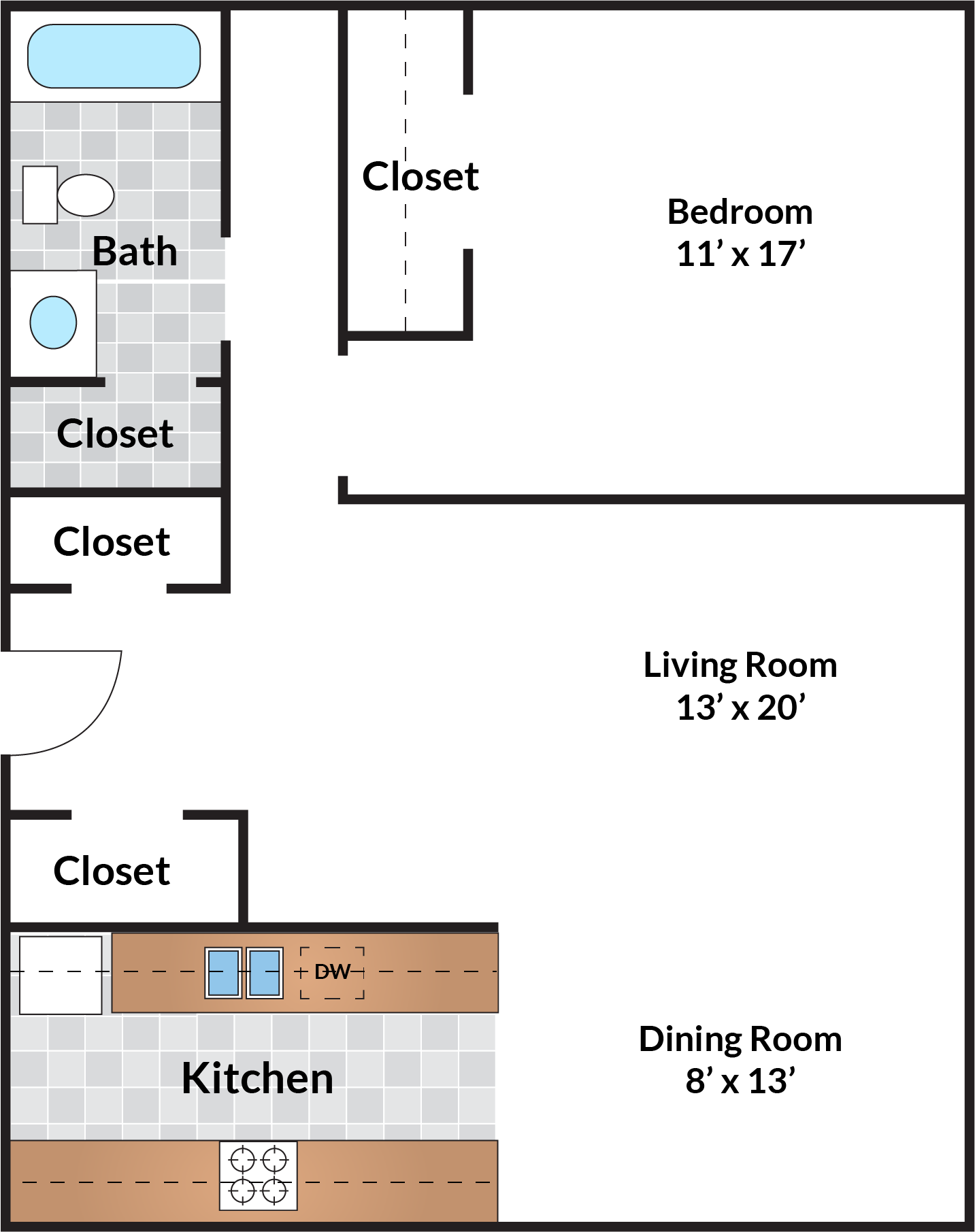 Floor plan for 1 bed, 1 bath, 874 sqft